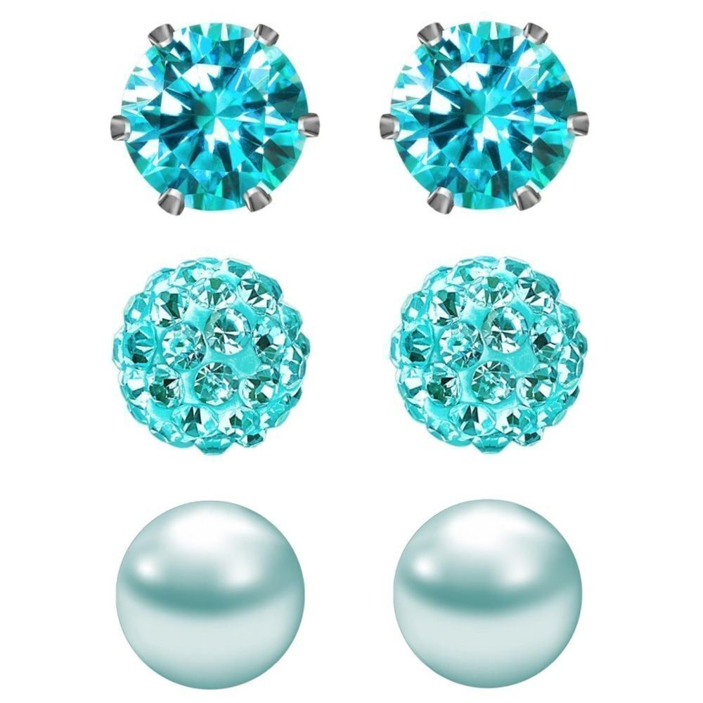 Blue Topaz Cubic Zirconia and Pearl 316L Post Back Stud 3 Pair Earrings Set